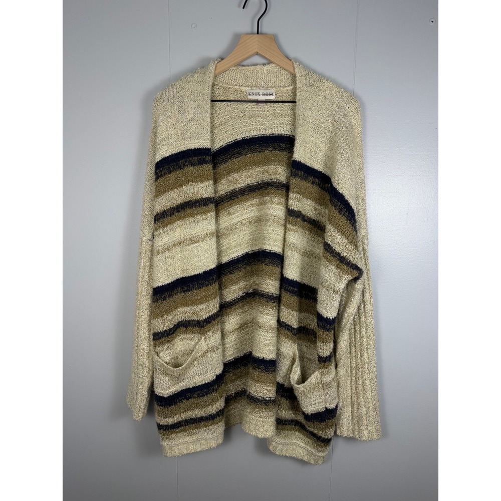 Knox Rose Earthy Cottagecore Cardigan Women XXL Cream Striped Boho Knit Sweater